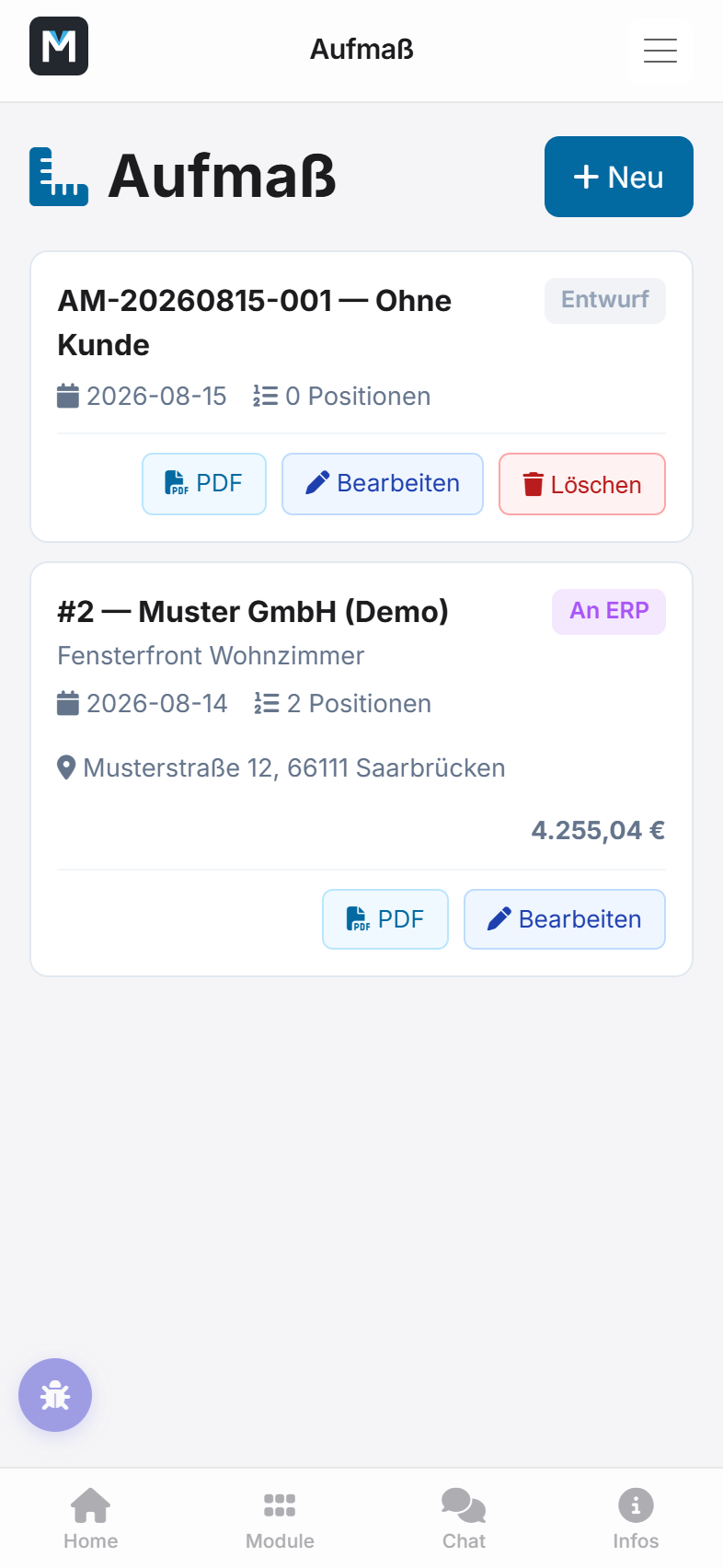 Aufmaß-Liste