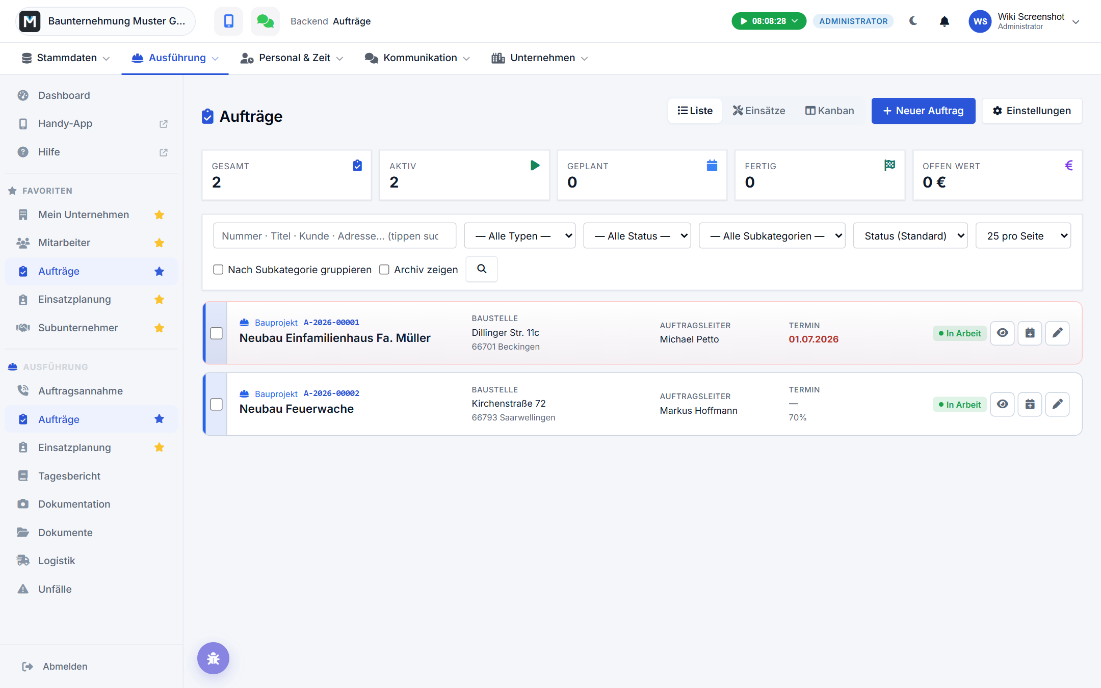 Auftragsliste im Backend