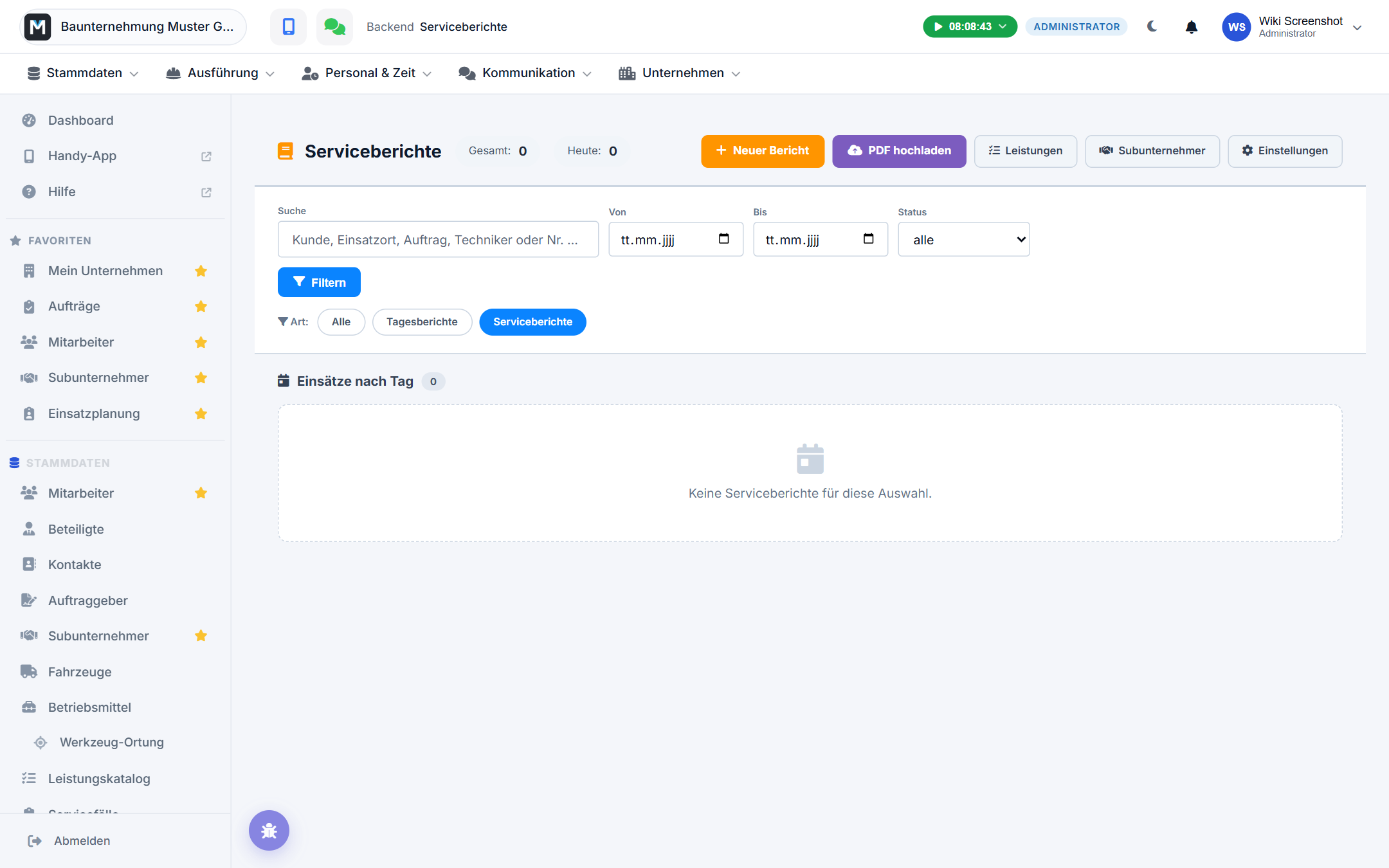 Serviceberichte-Ansicht für Servicebetriebe
