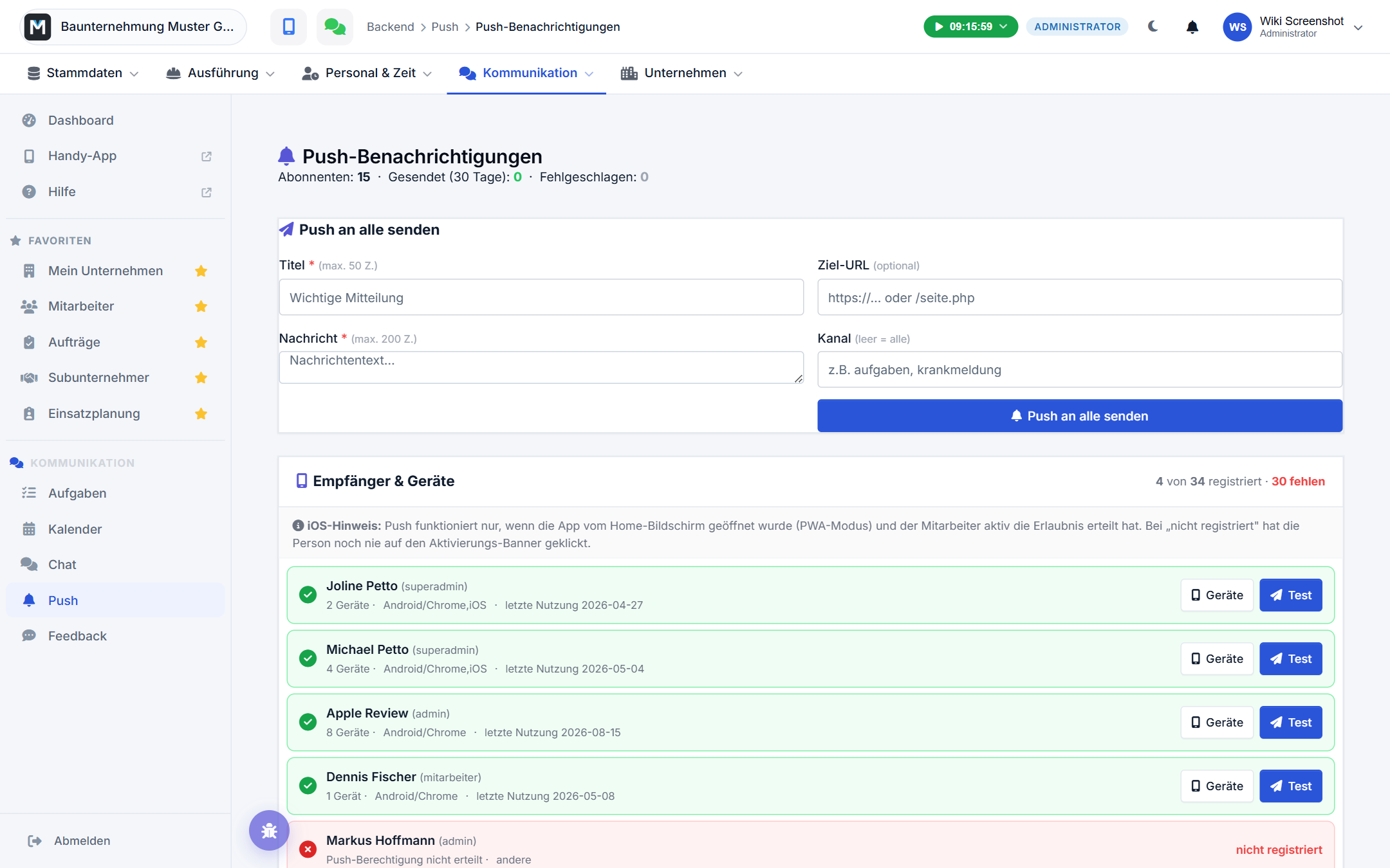 Push-Übersicht im Backend