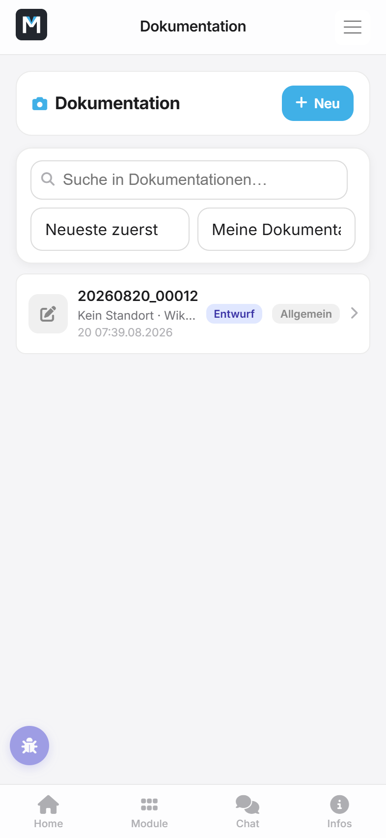 Übersicht der Baudokumentationen mit Suche und Anlass-Kennzeichnung