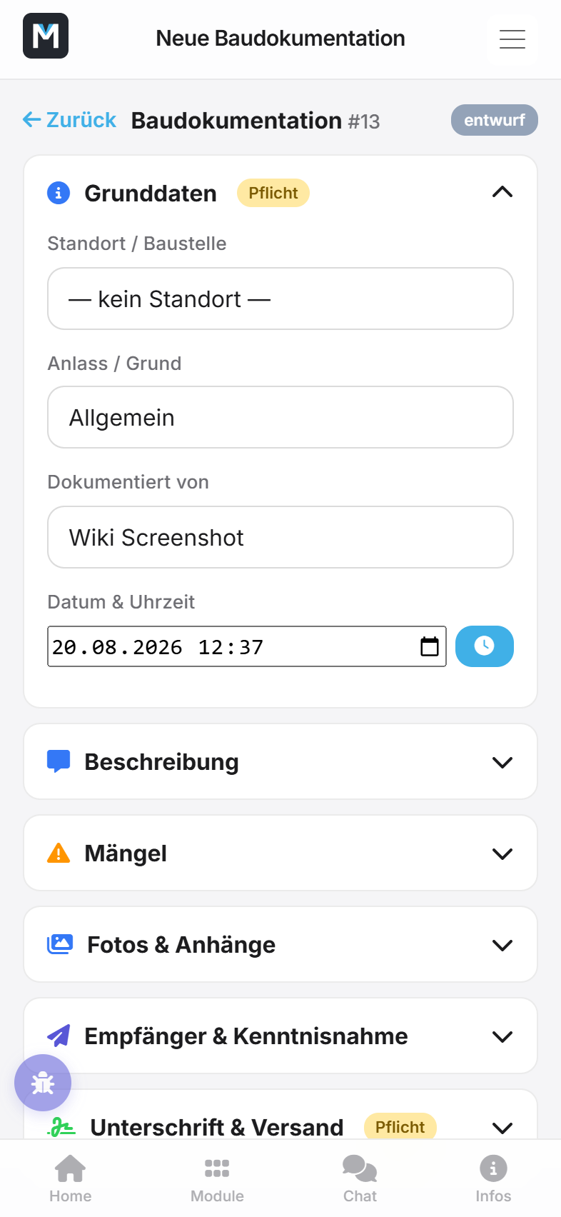 Neue Dokumentation anlegen: Grunddaten, Spracheingabe und Mängelerfassung