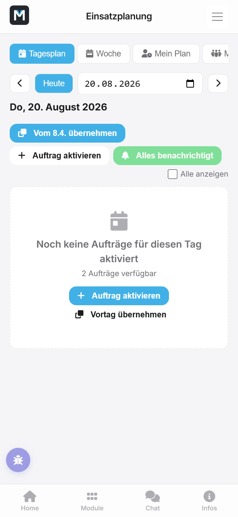 Tagesplan mit eingeteilten Aufträgen