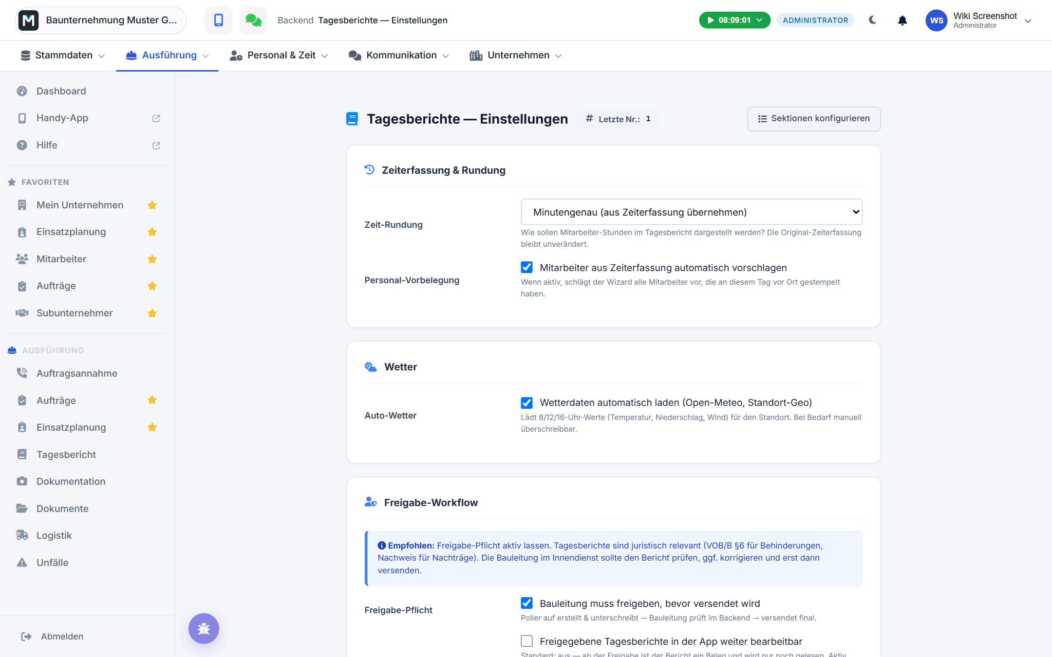 Bautagebuch-Einstellungen im Backend
