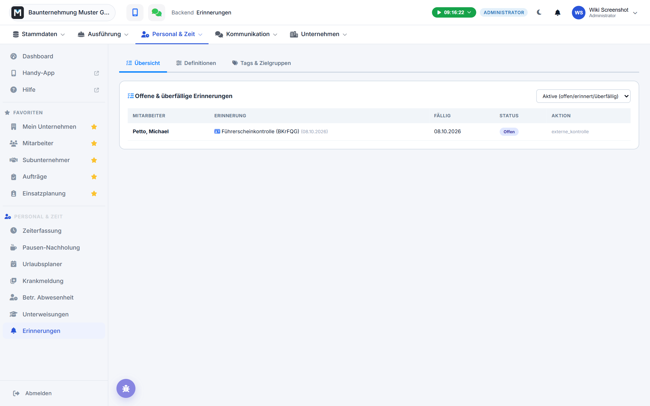 Übersicht offener Erinnerungen im Backend