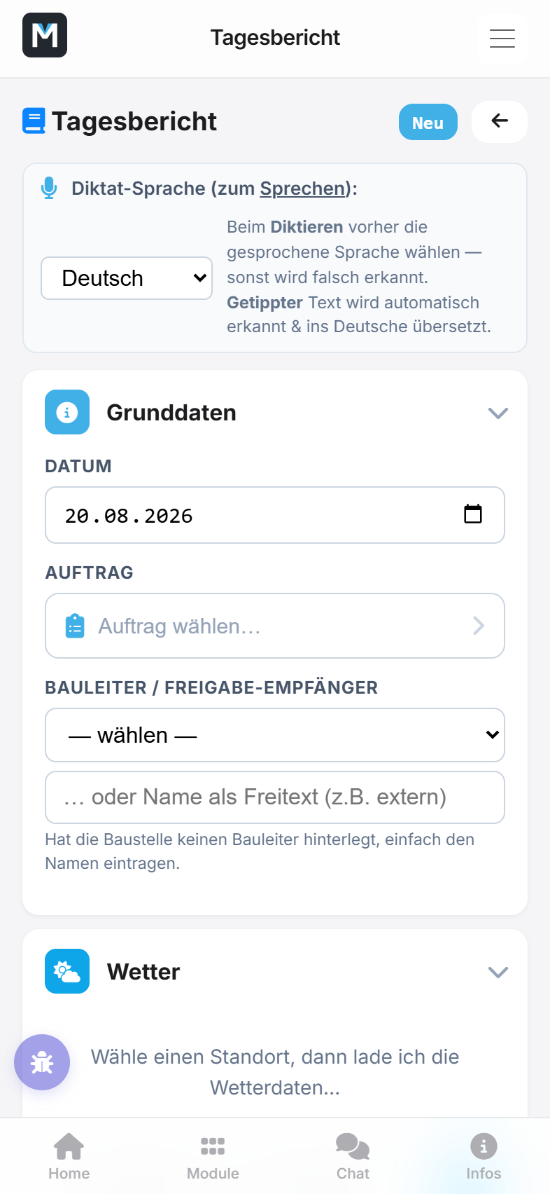 Der Bericht mit Diktat-Funktion