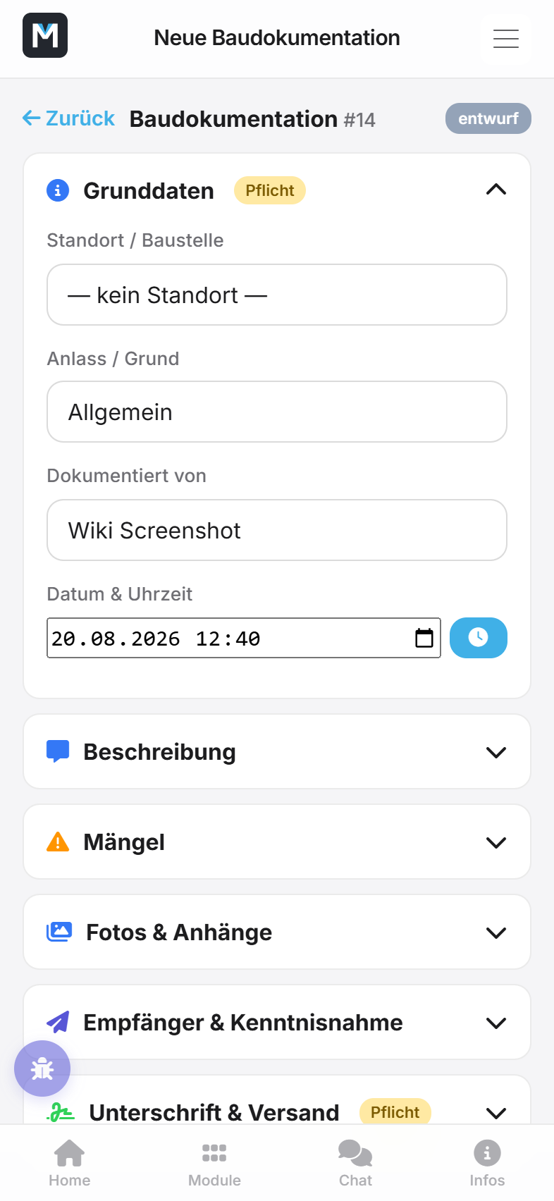 Dokumentation mit Fotos und Mängeln