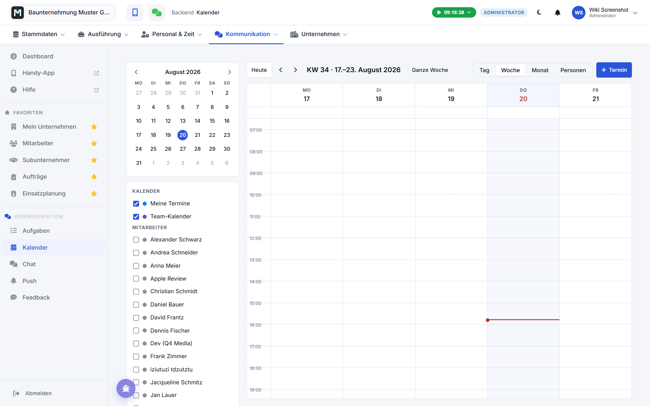 Wochenansicht des Backend-Kalenders