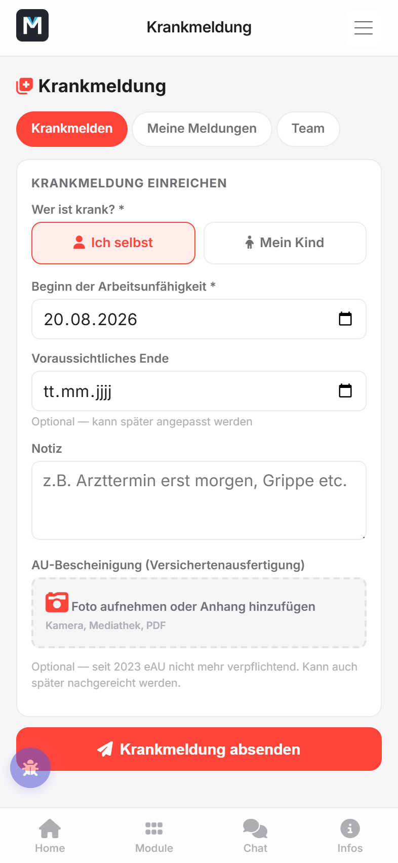 Tab Krankmelden mit Formular