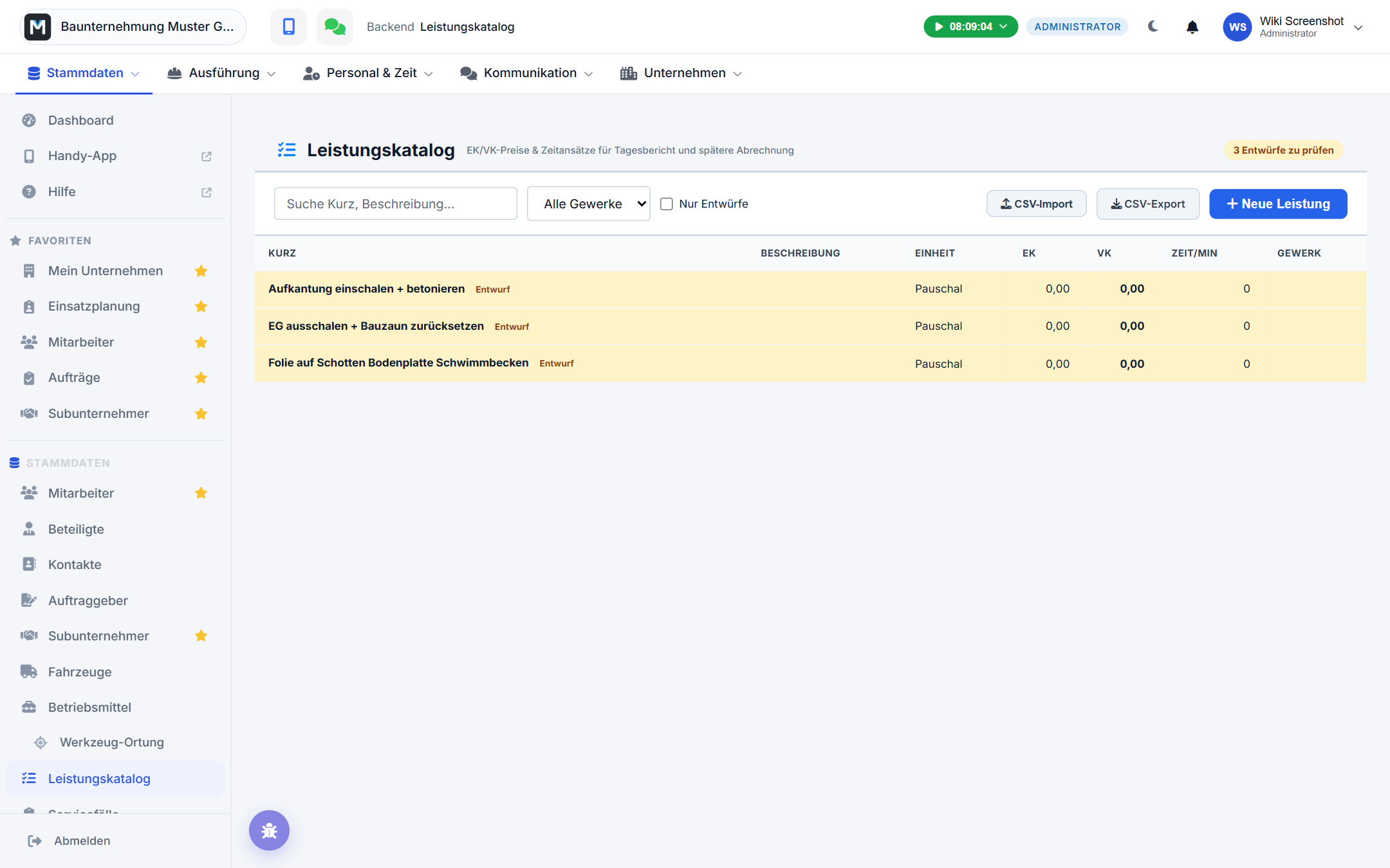 Leistungskatalog-Übersicht im Backend