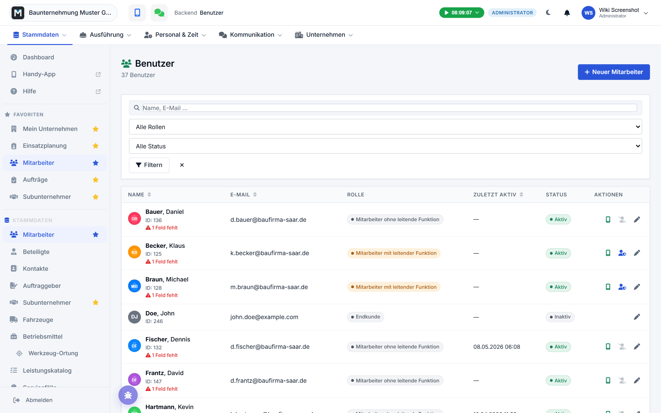 Mitarbeiterliste im Backend