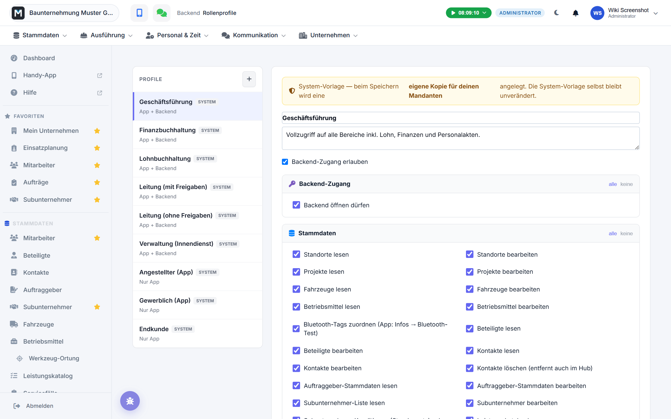 Rollenprofile im Backend