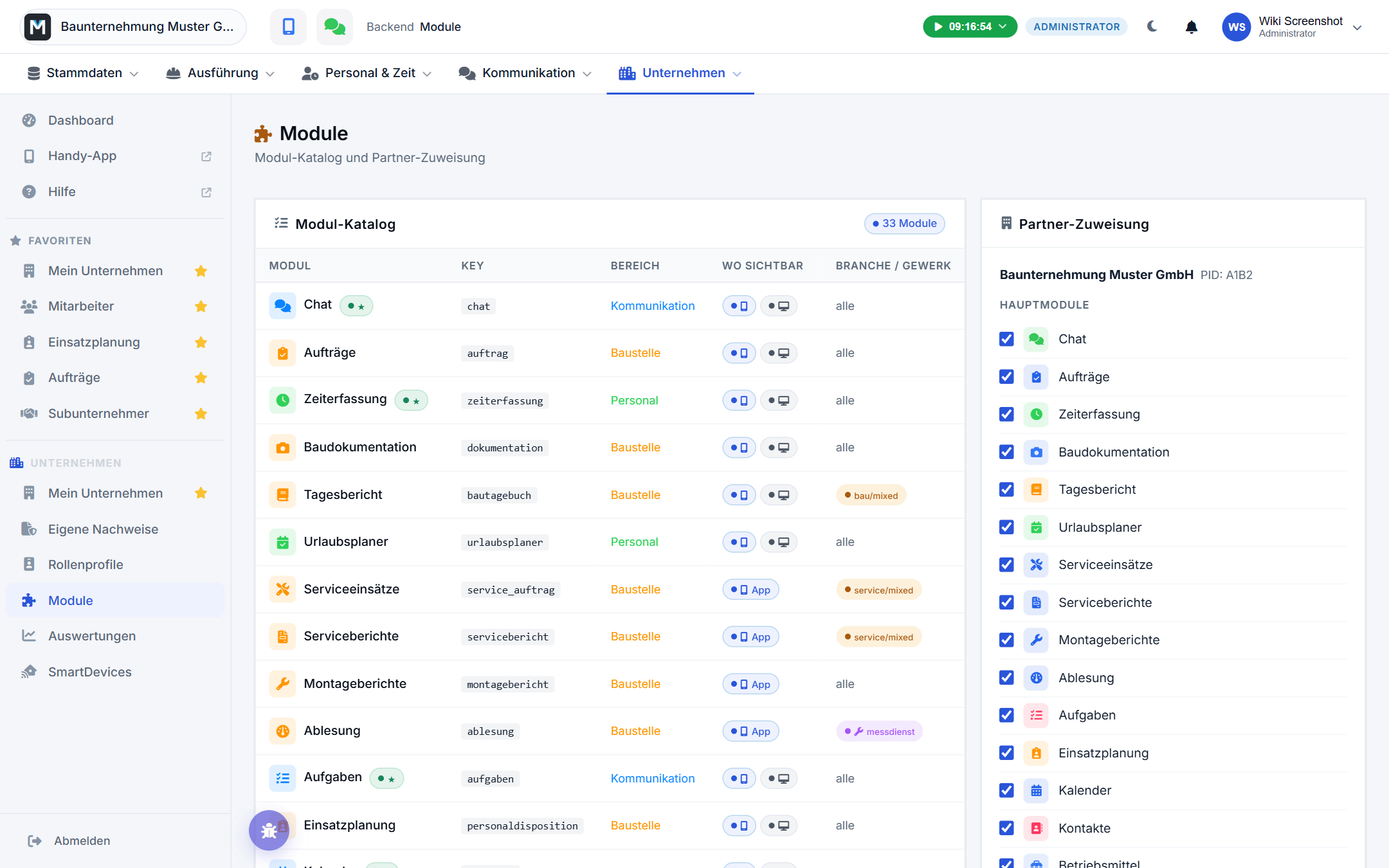 Modul-Katalog im Backend