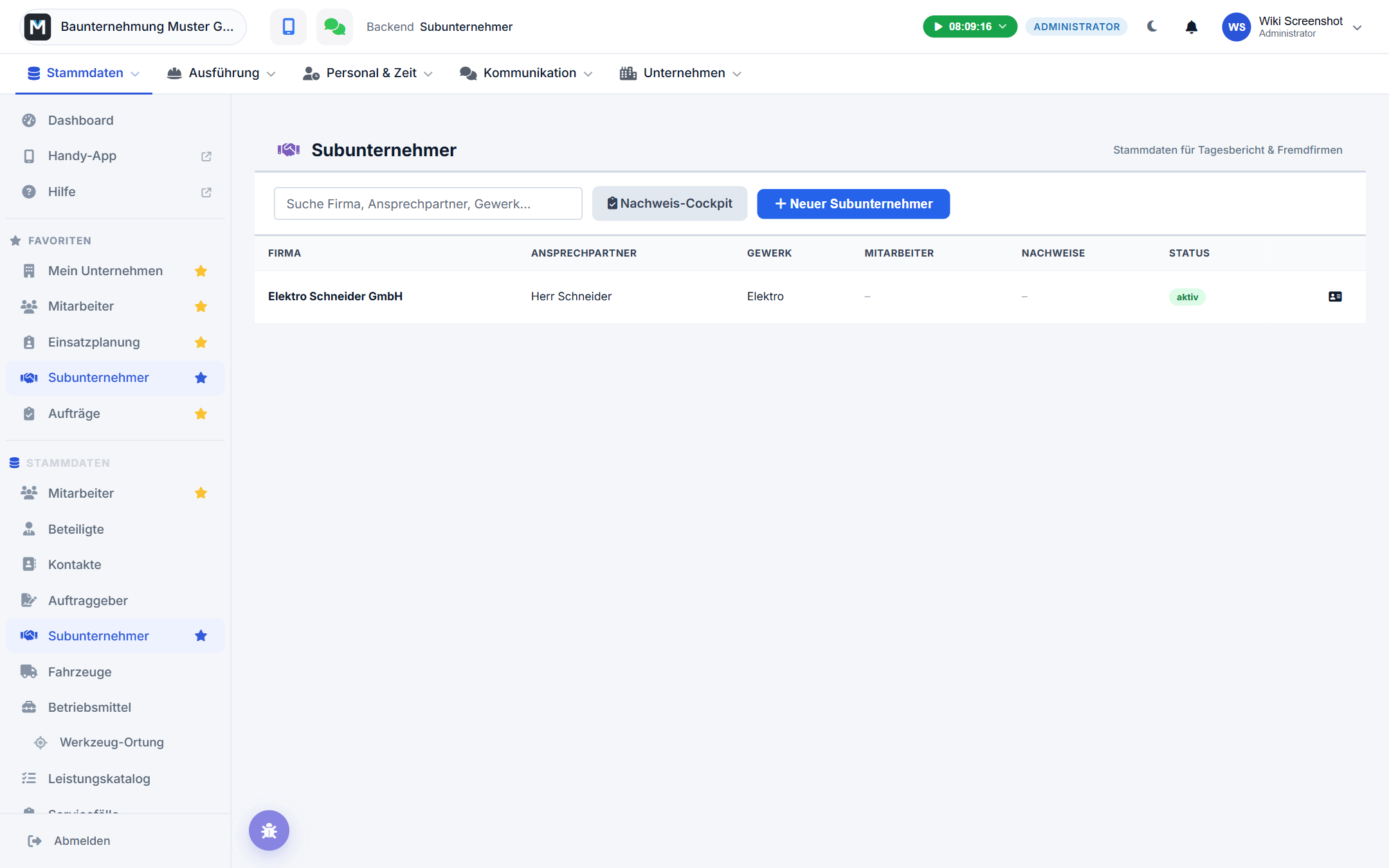 Subunternehmer-Übersicht im Backend