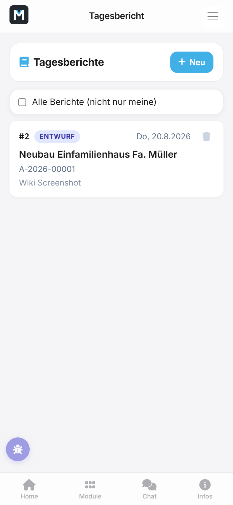 Übersicht der Bautagesberichte bzw. Serviceberichte mit Status je Zeile