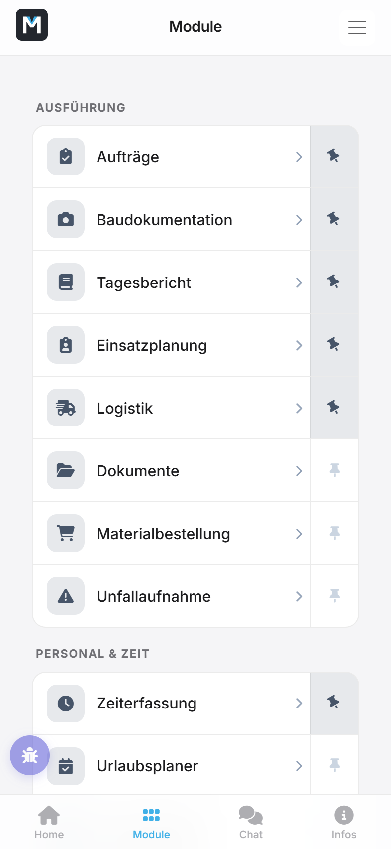 Die Modulübersicht in der App