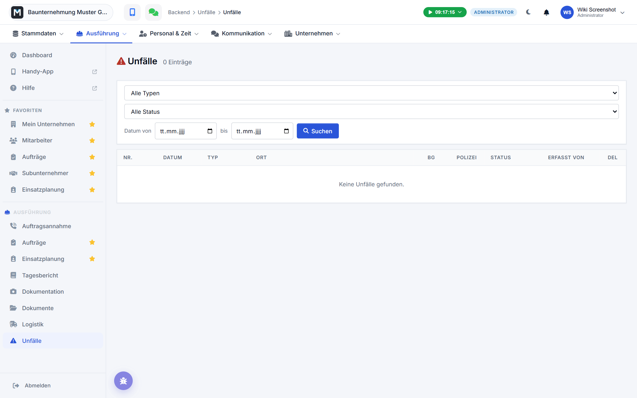 Unfallliste im Backend