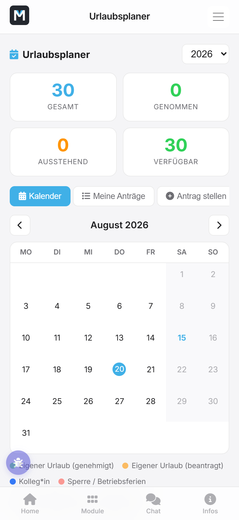 Urlaubssaldo und Kalenderansicht