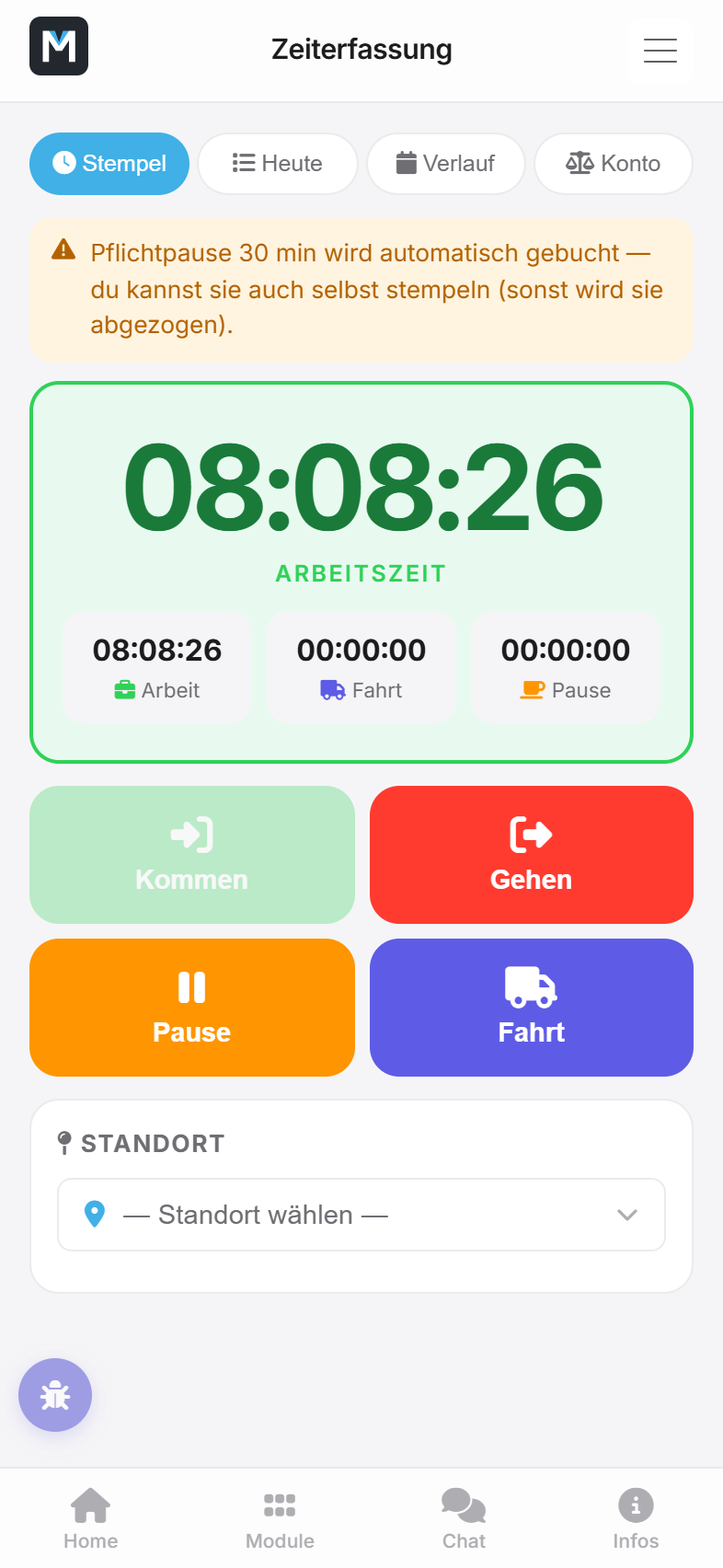 Stempel-Tab der Zeiterfassung